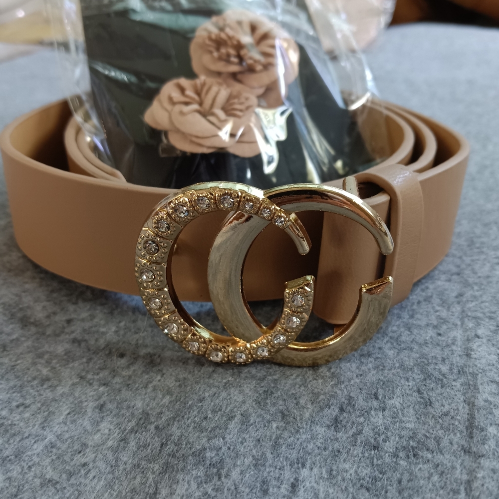 Brown Belt with Gold Buckle and Floral Earrings